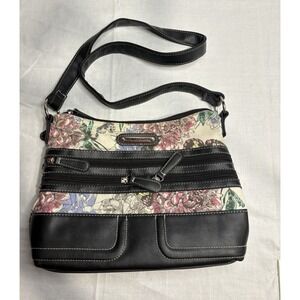 Stone‎ Mountain USA Crossbody Bag Floral Tapestry & Faux Leather Black Trim Zip